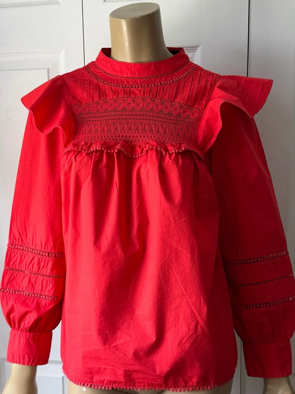 J.Crew Red Ruffle Yoke Blouse